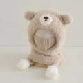 Dettaglio cappello di peluche beige per bambini con orecchie d'orso, maschera e pompon - 3-8 Anni / Beige