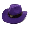 Dettaglio di cappello da cowboy viola in feltro con cinturino in pelle e stemma aquila - M (56-58cm) / Viola