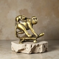 Brass monkey statue riding a turtle on stone base, vintage Feng Shui desk ornament - Generations of Success (Monkey on Turtle)