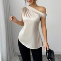Elegant champagne satin one-shoulder top with asymmetric hem and ruched details - S / Apricot