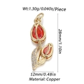 Detailed view of tulip pendant with red gemstone and micro-inlaid leaves on copper base - Tulip/Gold/Red Gemstone