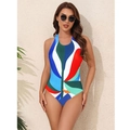 Maillot de bain une pièce dos nu pour femme avec imprimé feuilles abstraites rouge et bleu - S / Motif Multicolore 3