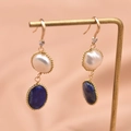 Baroque pearl and blue lapis lazuli drop earrings with golden twisted metal frames - Lapis Lazuli Baroque Drop
