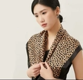 Elegant leopard print silk scarf with black satin borders and deep brown tones - Khaki Leopard Spot Handkerchief / 65