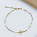 Bracciale croce dorato da donna con pavé di zirconi e ciondolo a cuore su catena sottile - Bracciale N. 8 (B0054)