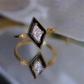 Vintage gold geometric rhombus ring with white gemstone and black enamel details - Adjustable Open / Gold/Black