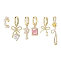 Elegant gold-plated 6-piece earring set featuring stars, moons, and pink zircon stones - Bowknot Heart Pearl 6-Piece Set