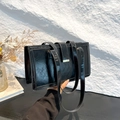 Retro black faux leather tote bag with glossy oily finish and minimalist shoulder straps - Black