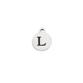 Macro shot of silver stainless steel round pendant with engraved black letter L detail - Steel Letter L
