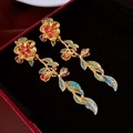 Vintage gold-plated floral drop earrings with red enamel flowers and crystal accents - 32# Silver Earring Post-Gold-Flower