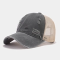 Detailed close-up of a vintage distressed grey baseball cap with breathable beige mesh - Adjustable / Gray