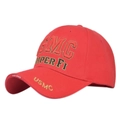 Detailed side view of USMC baseball cap featuring high-density 3D embroidery on red fabric - Adjustable / Red