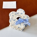 Floral hair claw clip with blue floral pattern, rabbit design and checkered bow - Blue Flower Claw Clip-7.5cm