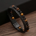 Men's double-layer bracelet with braided leather, tiger eye beads and magnetic buckle - 19cm / Black + Tiger Eye