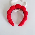 Puffy red sponge headband with braided texture and non-slip teeth for high crown styling - Red With Non-Slip Strip