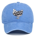 Close-up of chicken mama embroidery on a washed light blue cotton baseball cap - Adjustable / Light Blue