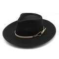 Klassischer schwarzer Fedora-Hut mit beigefarbenem Band und goldener Metallschnalle - M(56-58cm) / Schwarz