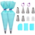 Stainless steel baking set with 6 nozzles, 2 piping bags, 3 scrapers, and connectors - Set 5 [15 Pieces]