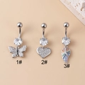 Three silver surgical steel belly button rings with butterfly, heart, and wing dangles - Butterfly Style (1#)