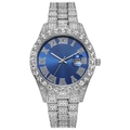 Silver luxury hip hop watch with blue Roman dial and iced-out crystal metal strap - Silver & Blue