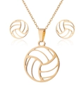 Three-piece gold volleyball jewelry set with round pendant necklace and stud earrings - Gold