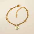 Bracelet double chaîne en acier inoxydable doré avec pendentif lettre N rond - Lettre N (S-H202-N)