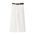 White high-waisted wide-leg jeans with a dark brown leather belt in a minimalist style - XS / White