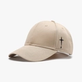 Beige cotton baseball cap featuring black gothic cross embroidery and curved brim - Khaki