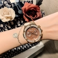 Orologio al quarzo da donna in oro rosa con quadrante marrone e lunetta con cristalli - Cinturino Marrone Cassa Oro Marrone