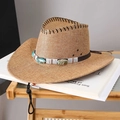 Close-up of beige woven cowboy hat featuring turquoise stone band and metal air vents - Khaki