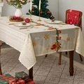 Festive beige Christmas tablecloth with lace edges, embroidery and holiday decorations - 140*140cm / Christmas Candle