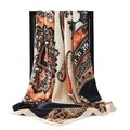 Bohemian paisley print satin silk scarf in orange and navy blue, 90x90cm square wrap - 90x90cm / Beige Coffee