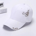 White cotton baseball cap featuring silver ring and heart star charms on the brim - Large Safety Pin White