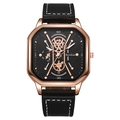Macro detail of men's square rose gold watch with black multi-dial and leather strap - Rose Gold Case White Stitching Black Strap
