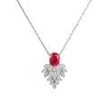 Macro detail of silver necklace with oval red gemstone and pavé leaf-shaped accents - Red Sapphire Necklace (With Titanium Steel Chain)