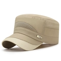 Men's quick-dry flat top military cap in khaki with breathable mesh and metal logo - Adjustable / Beige