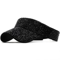 Detailed side view of black sun visor hat with sparkling rhinestones and open top - Black Base with Black Rhinestones (09)