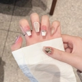 Unghie finte cat eye champagne con perle e design french manicure bianca classica - Extra Piccolo (XS) / Stile Occhio di Gatto Champagne Bianco Perlato Francese (2279-短梯)