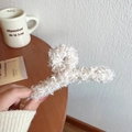 Plush cream white oversized shark hair claw clip in soft teddy fleece material - White Lamb Wool Plush Hair Claw