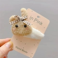 Detailed shot of a plush rabbit hair clip with a brown checkered bow and soft texture - Light Coffee Rabbit BB Clip
