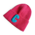 Rose red knit beanie hat with blue letter C embroidery and casual folded cuff design - Rose Red