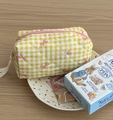 Quilted yellow checkered makeup bag with bow detail and soft handle storage - Pencil Case / Yellow