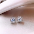 Elegant silver geometric earrings with small round center stone and halo diamonds - 22# Square Zircon Studs