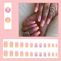 Pink and orange gradient press-on nails with glitter accents, 24 pieces set, medium square shape - Gradient Fragments (W191)