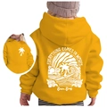 Kids mustard yellow hoodie featuring beach waves print and sunset graphic on the back - Yellow/White Print / 100cm