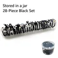 28-piece black hair ties set for girls with pearls and bows in a clear storage jar - Black