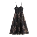 Abito lungo in organza a fiori con gonna a ruota vintage e schiena scoperta raffinata - XS / Nero