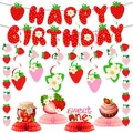 Σετ διακόσμησης γενεθλίων με φράουλα, πανό Happy Birthday και διακοσμητικά με κηρήθρα - Σετ γενεθλίων φράουλας (περιλαμβάνει ραμμένη γιρλάντα)