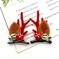 Christmas reindeer hair clips with red antlers, brown ears, and golden bells on metal clips - Red Bell