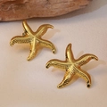 Detailed view of gold starfish earrings featuring textured bead surface and polished finish - Golden Starfish Style (FYD6205)